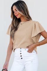 Beige Solid Color Textured Flutter Sleeve Top