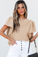 Beige Solid Color Textured Flutter Sleeve Top